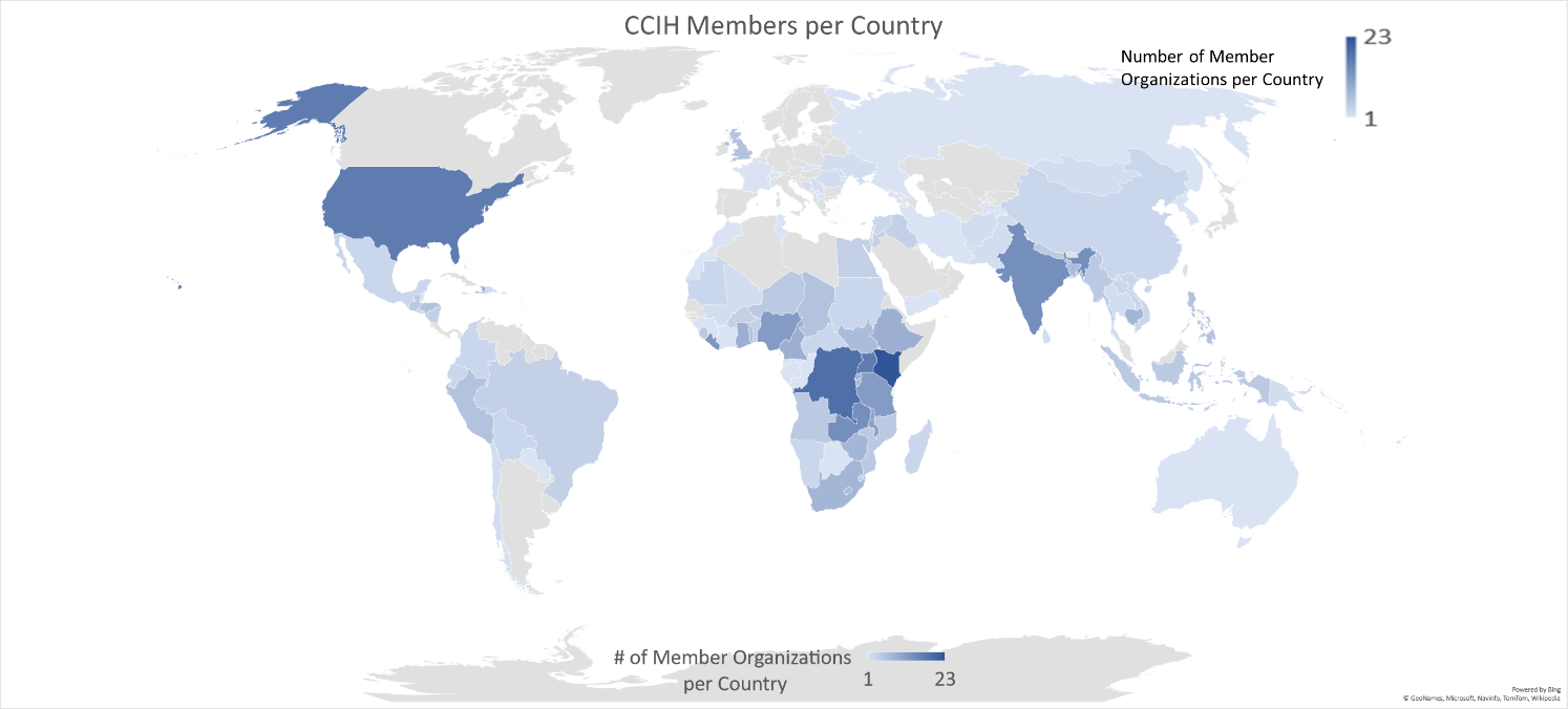 Heat map indicating where CCIH members work in the world with countries with greater numbers shown in darker blue,