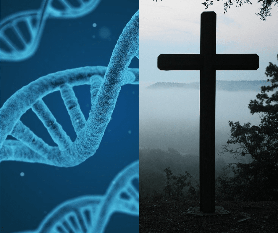 DNA juxtaposed with a cross in front of a foggy area