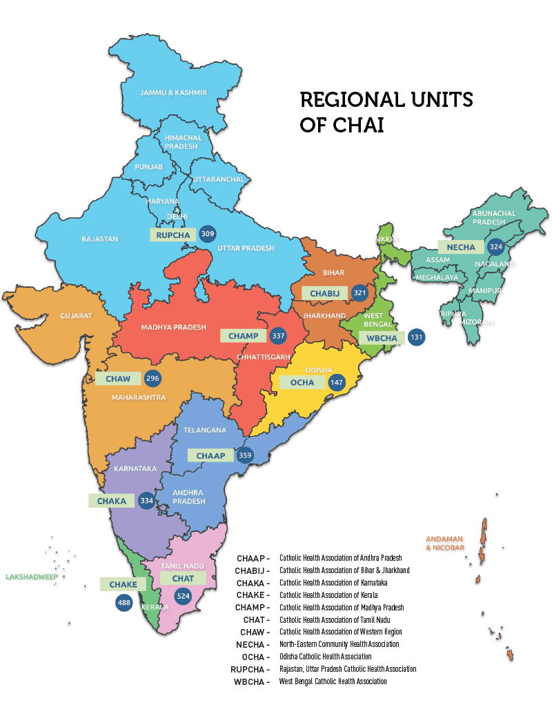 Map of India with color shading of various Indian states indicating where Catholic health facilities opperate.
