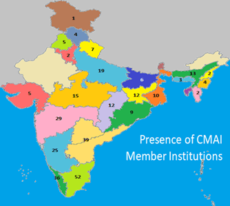 Map of India with the number of CMAI health facilities in the Indian states.