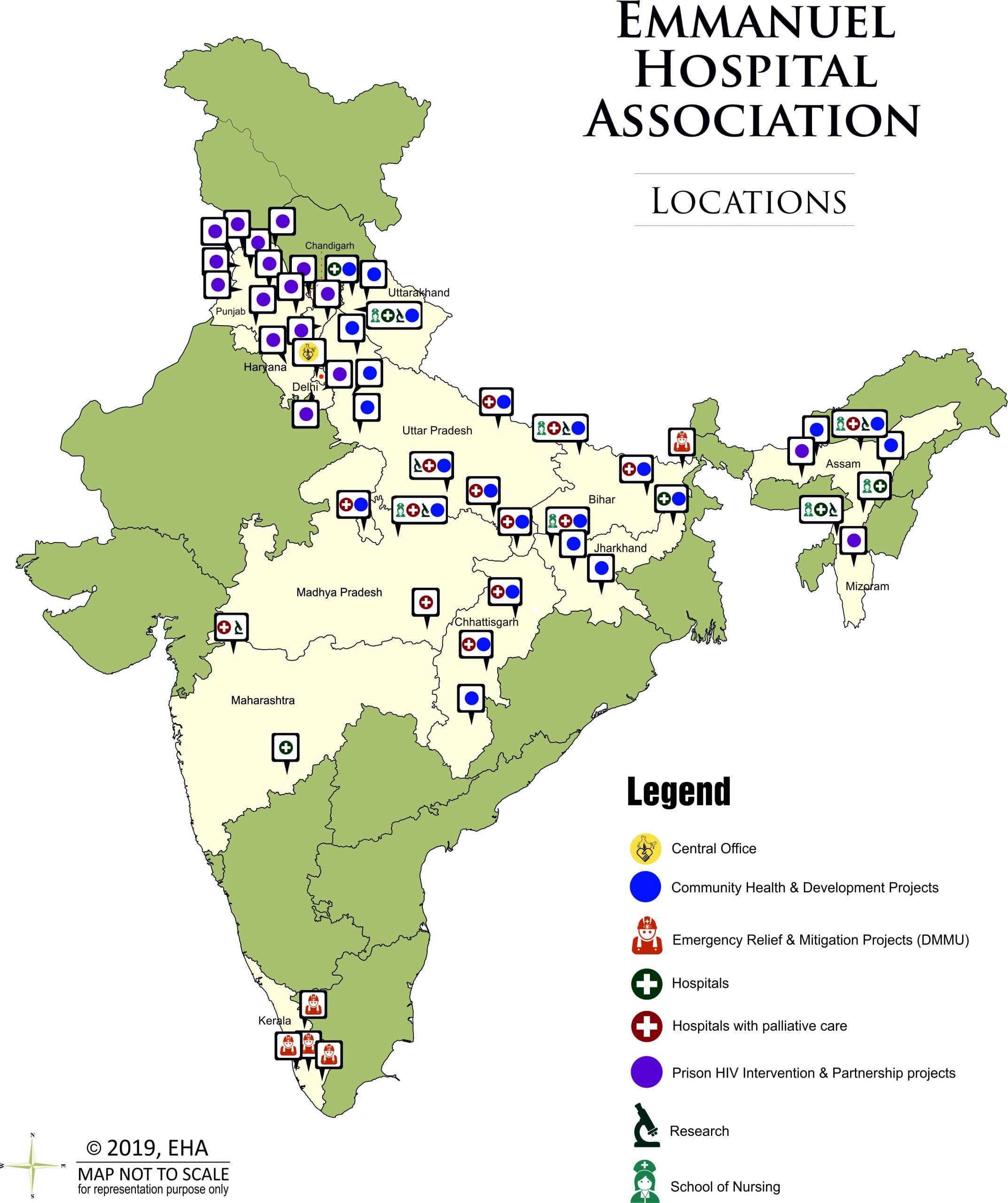 A map of India displays health project of Emmanuel Hospital Association in the country.